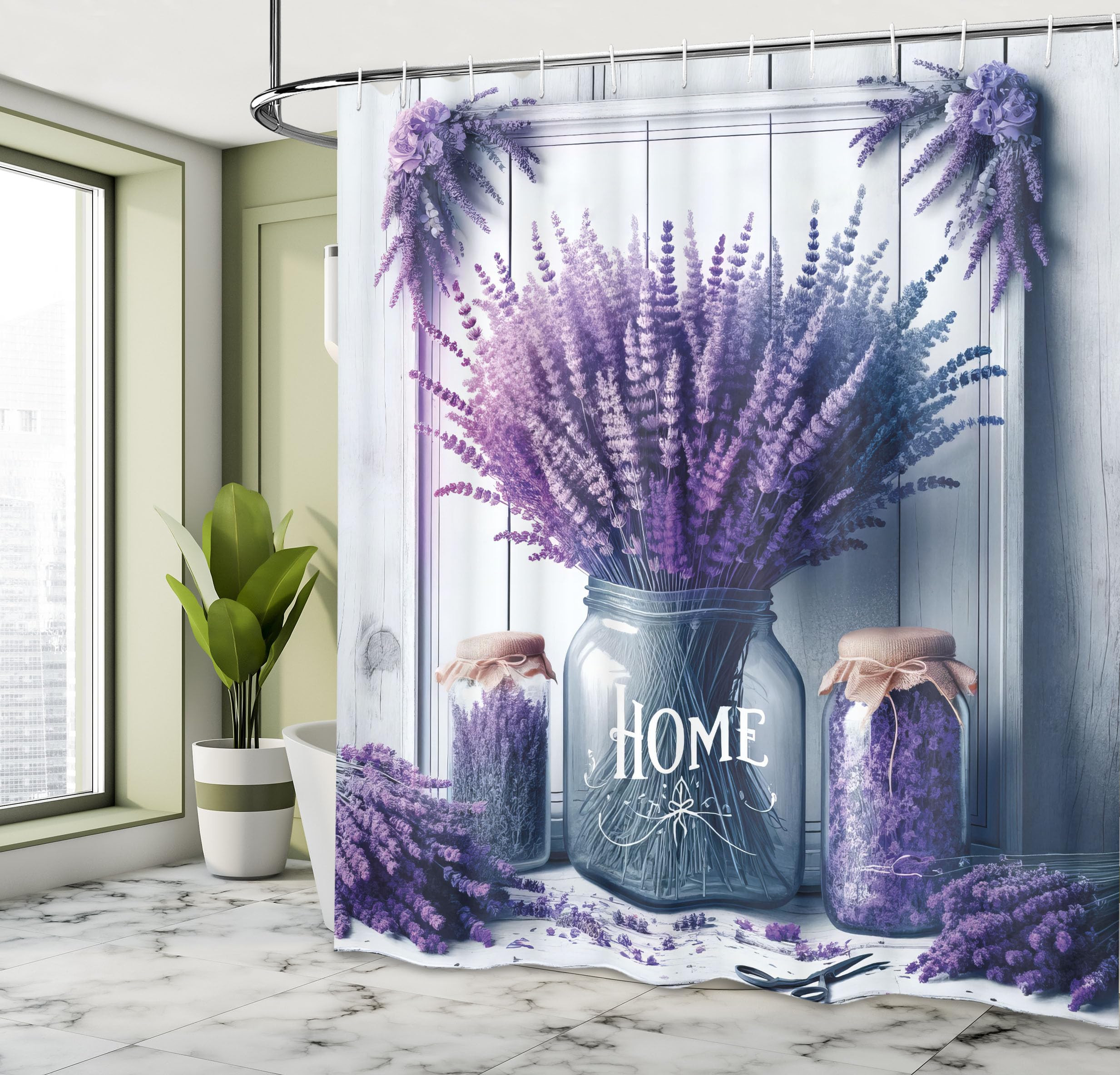 Ambesonne Purple Shower Curtain, Home Lettering With Lavenders In Jars And A Weathered Wooden Background, Cloth Fabric Bathroom